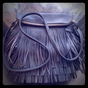 Charcoal Grey Leather Fringe Foldover Crossbody